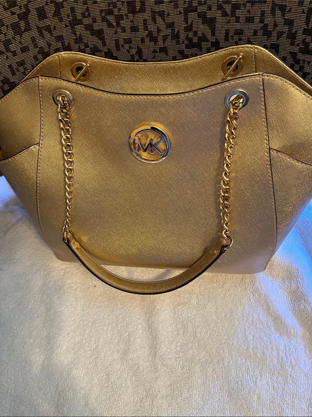 Michael Kors Metallic Gold Chain-Handle Tote W15” D10” - Picture 1 of 10
